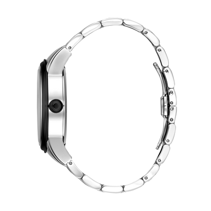 René Mouris Orion 70102RM2 men's automatic watch, silver with black dial and steel bracelet – side profile