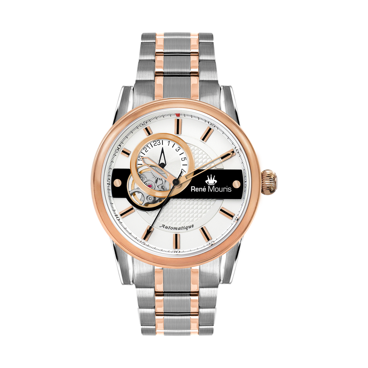 René Mouris Orion 70102RM3 men's automatic watch, two-tone rose gold with white dial – front view