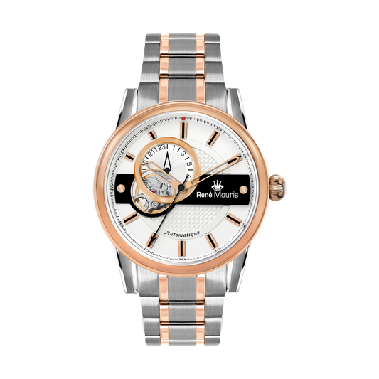 René Mouris Orion 70102RM3 men's automatic watch, two-tone rose gold with white dial – front view