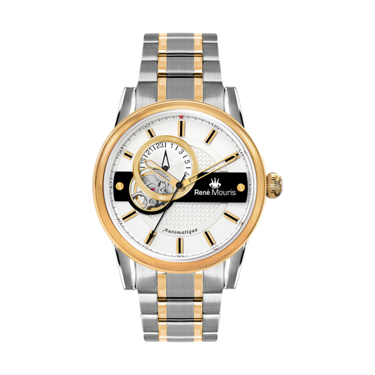 René Mouris Orion 70102RM4 men's automatic watch, two-tone gold with white dial – front view