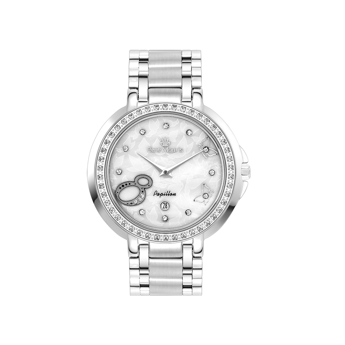 René Mouris Papillon 50111RM2 women's watch, silver with white mother-of-pearl dial – front view