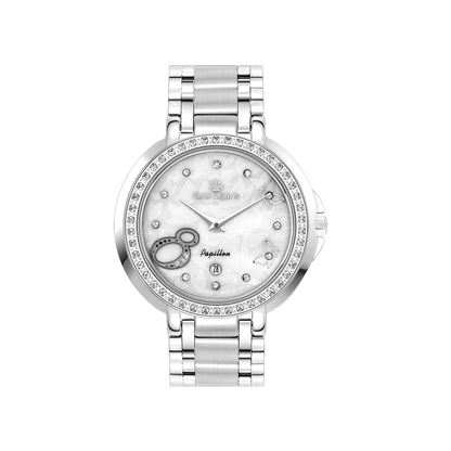 René Mouris Papillon 50111RM2 women's watch, silver with white mother-of-pearl dial – front view