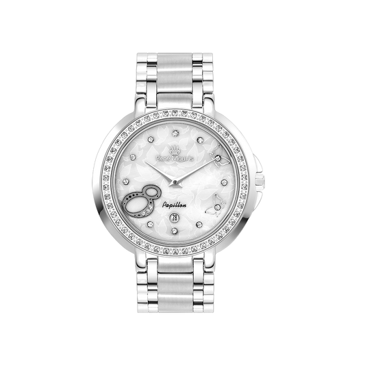 René Mouris Papillon 50111RM2 women's watch, silver with white mother-of-pearl dial – front view