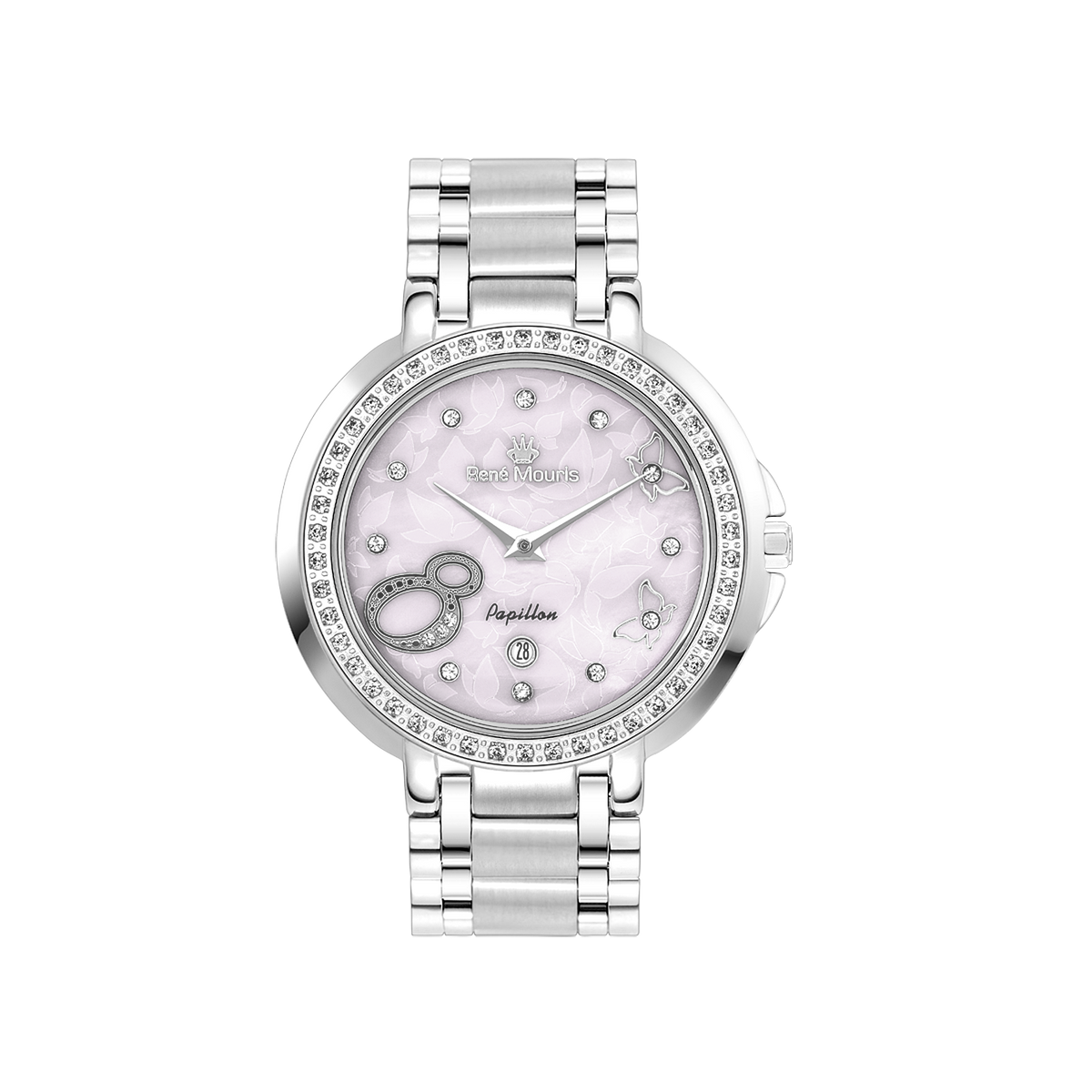 René Mouris Papillon 50111RM3 women's watch, silver with lilac mother-of-pearl dial – front view