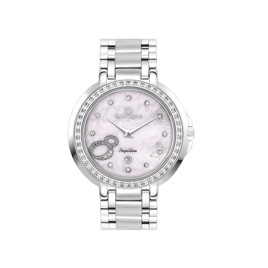 René Mouris Papillon 50111RM3 women's watch, silver with lilac mother-of-pearl dial – front view