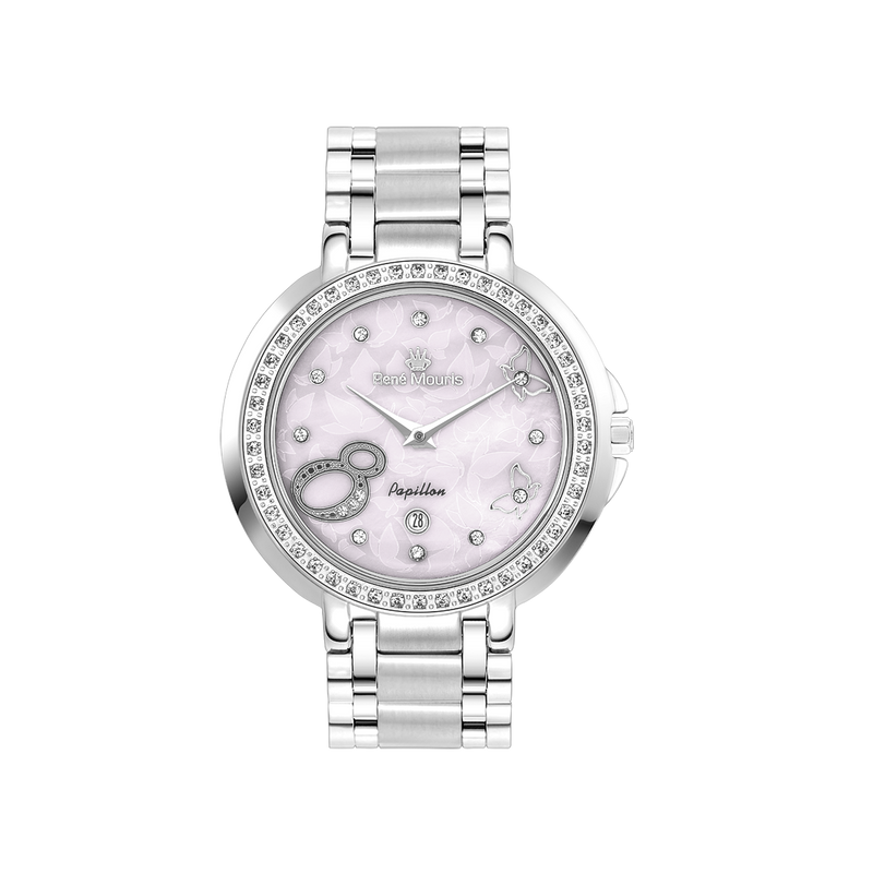 René Mouris Papillon 50111RM3 women's watch, silver with lilac mother-of-pearl dial – front view