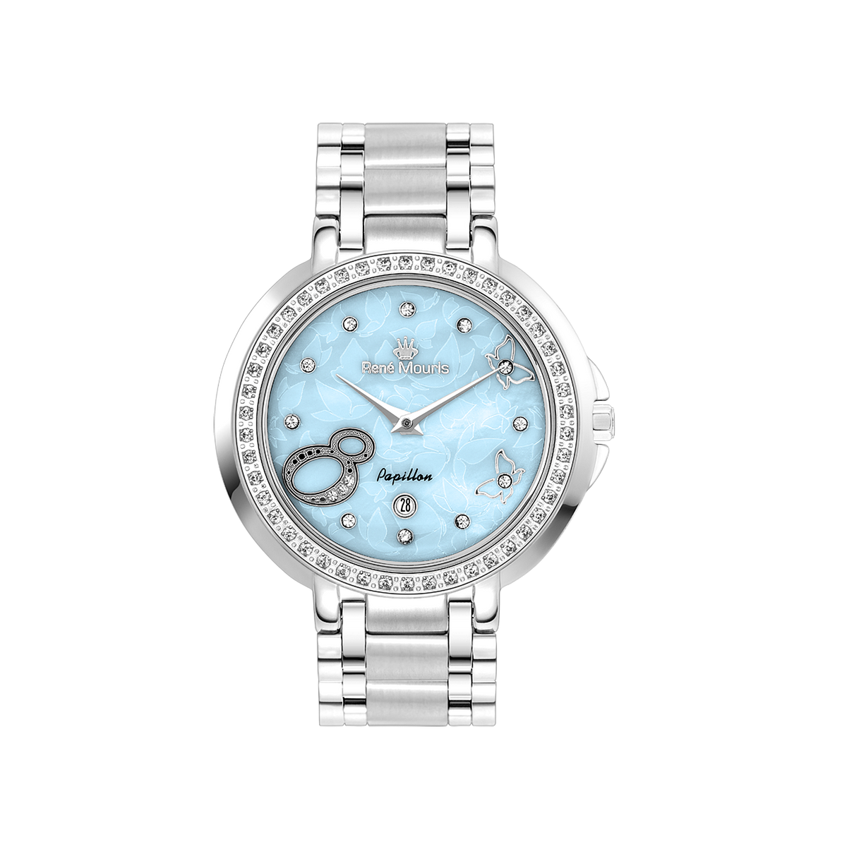 René Mouris Papillon 50111RM4 women's watch, silver with sky-blue mother-of-pearl dial – front view