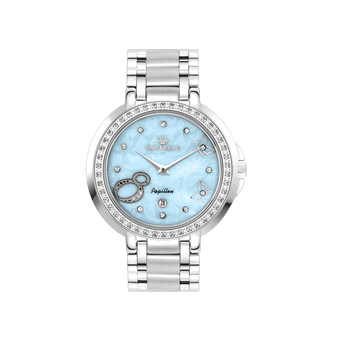 René Mouris Papillon 50111RM4 women's watch, silver with sky-blue mother-of-pearl dial – front view