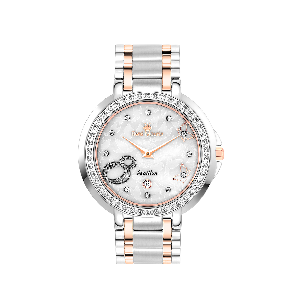 René Mouris Papillon 50111RM5 women's watch, two-tone rose gold with white mother-of-pearl dial – front view