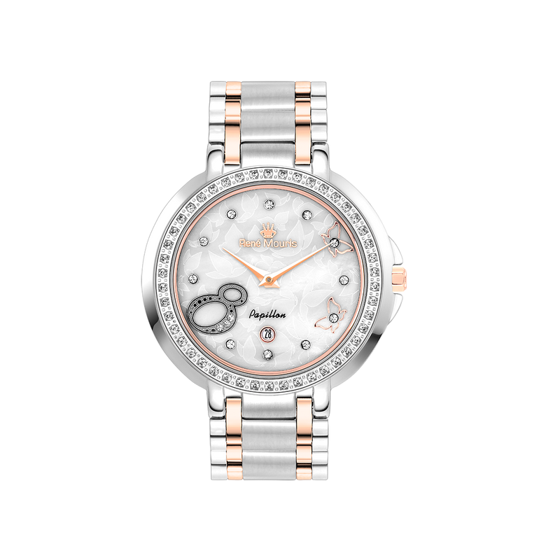 René Mouris Papillon 50111RM5 women's watch, two-tone rose gold with white mother-of-pearl dial – front view
