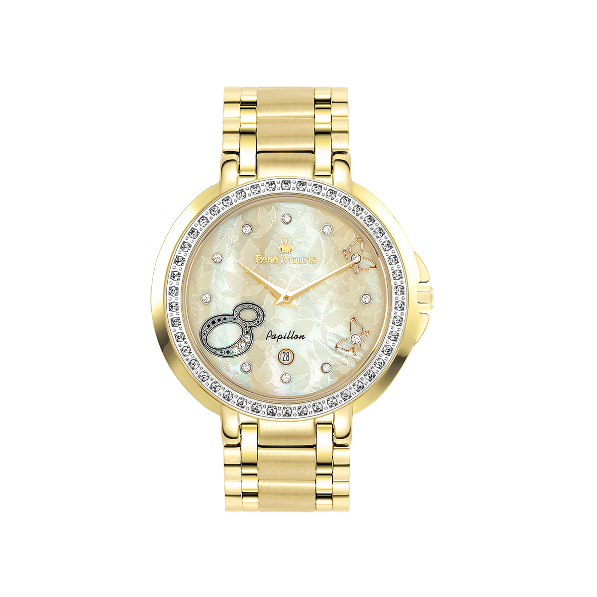 René Mouris Papillon 50111RM6 women's watch, gold with champagne mother-of-pearl dial – front view