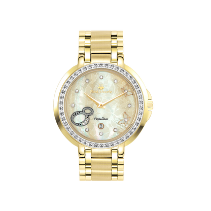 René Mouris Papillon 50111RM6 women's watch, gold with champagne mother-of-pearl dial – front view