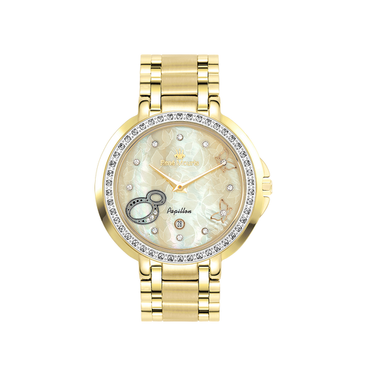 René Mouris Papillon 50111RM6 women's watch, gold with champagne mother-of-pearl dial – front view
