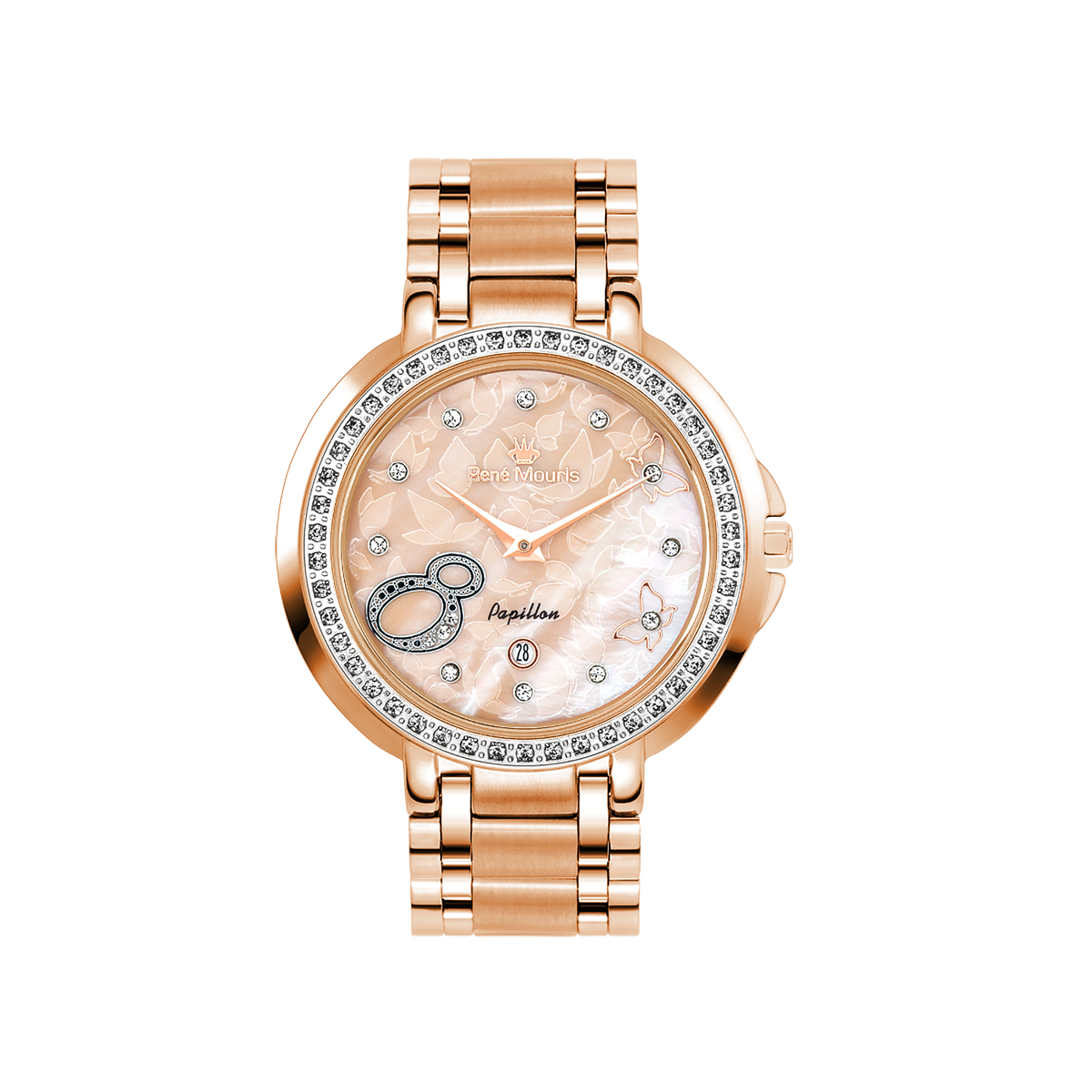 René Mouris Papillon 50111RM7 women's watch, rose gold with blush-pink mother-of-pearl dial – front view