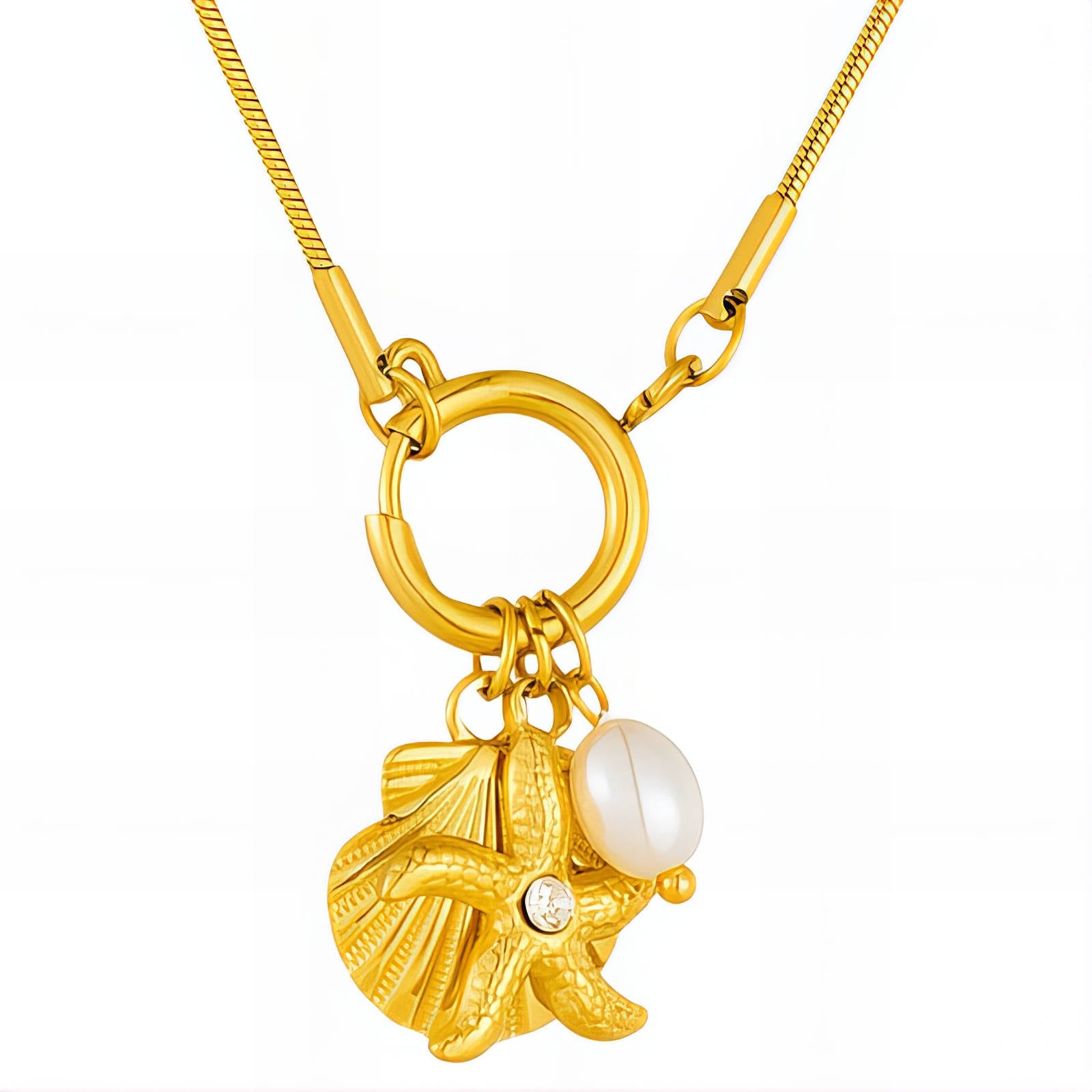 "Starfish And Seashell" Necklace, 18K Gold Plated Steel
