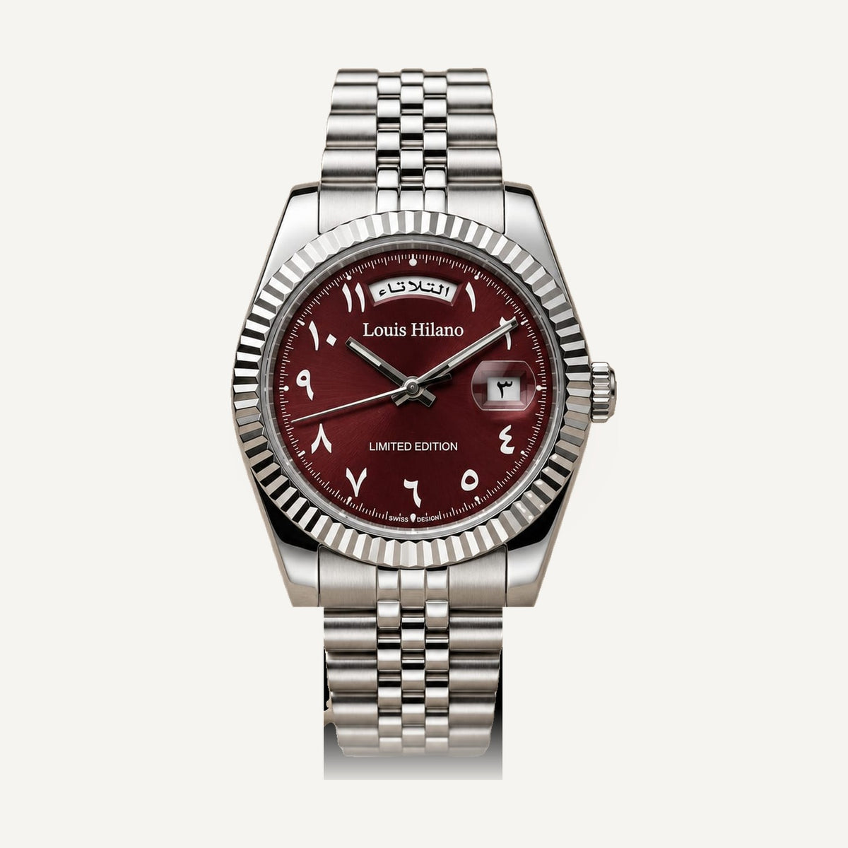 Louis Hilano Day-Date watch burgundy Arabic numeral dial, fluted bezel