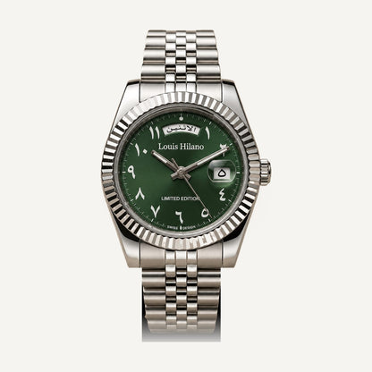 Louis Hilano Day-Date watch emerald green Arabic numeral dial, fluted bezel