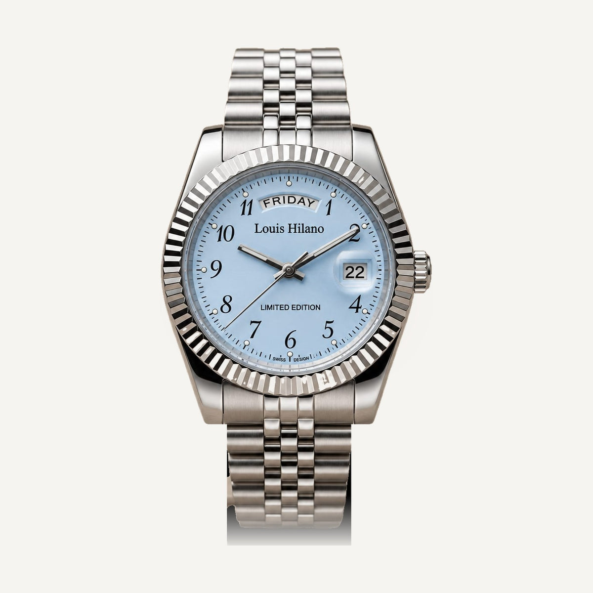 Louis Hilano Day-Date watch ice blue dial, fluted bezel, jubilee bracelet