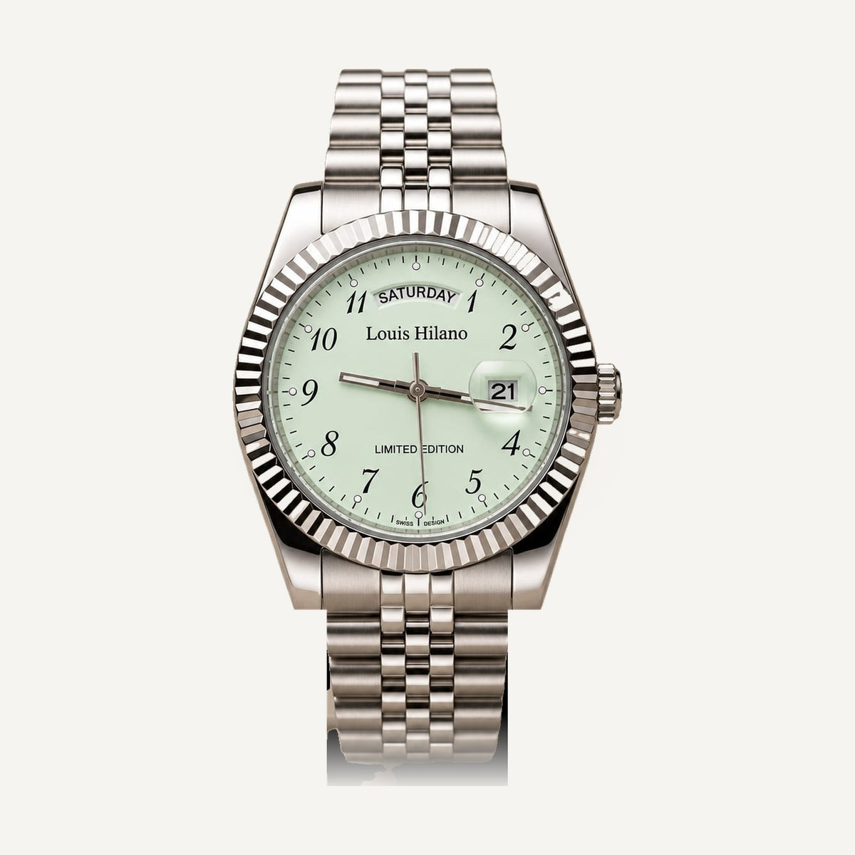 Louis Hilano Day-Date watch mint green dial, fluted bezel, jubilee bracelet