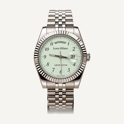 Louis Hilano Day-Date watch mint green dial, fluted bezel, jubilee bracelet