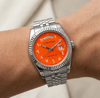 Louis Hilano Day-Date Watch – Orange Arabic Dial