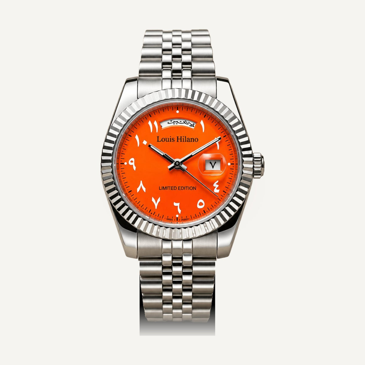 Louis Hilano Day-Date watch orange Arabic numeral dial, fluted bezel