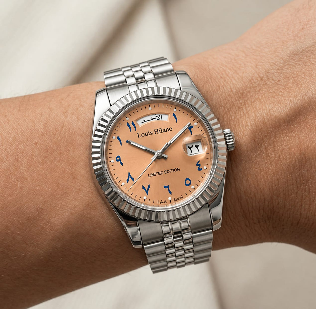 Louis Hilano Day-Date Watch – Salmon Arabic Dial