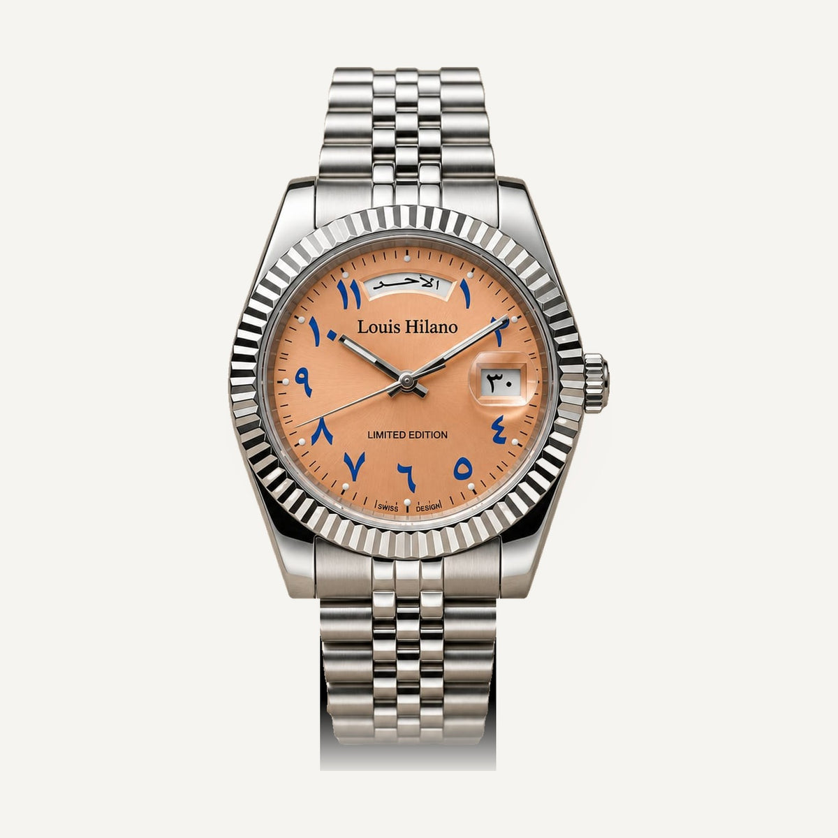Louis Hilano Day-Date watch salmon dial with blue Arabic numerals, fluted bezel