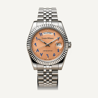 Louis Hilano Day-Date watch salmon dial with blue Arabic numerals, fluted bezel