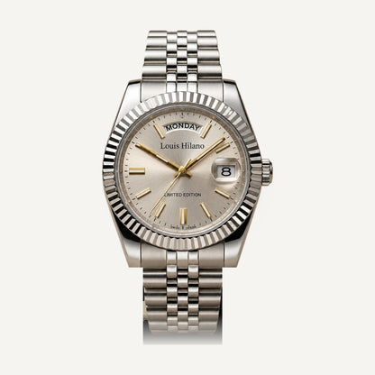 Louis Hilano Day-Date watch silver dial with gold-tone hands, fluted bezel