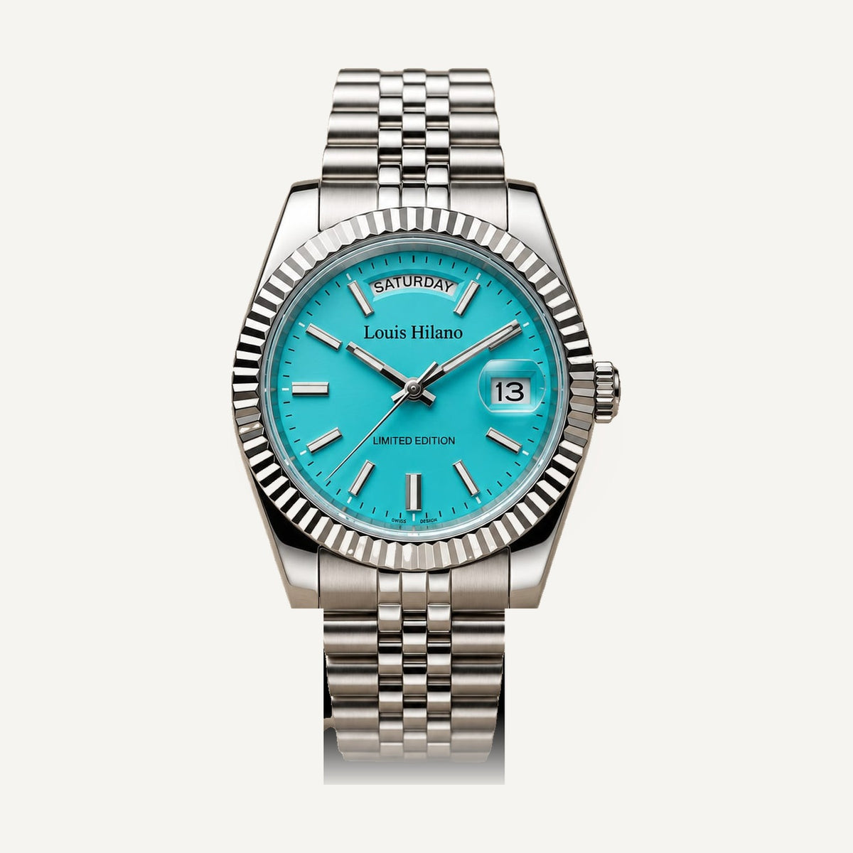 Louis Hilano Day-Date watch turquoise Tiffany blue dial, fluted bezel, jubilee bracelet