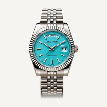 Louis Hilano Day-Date watch turquoise Tiffany blue dial, fluted bezel, jubilee bracelet