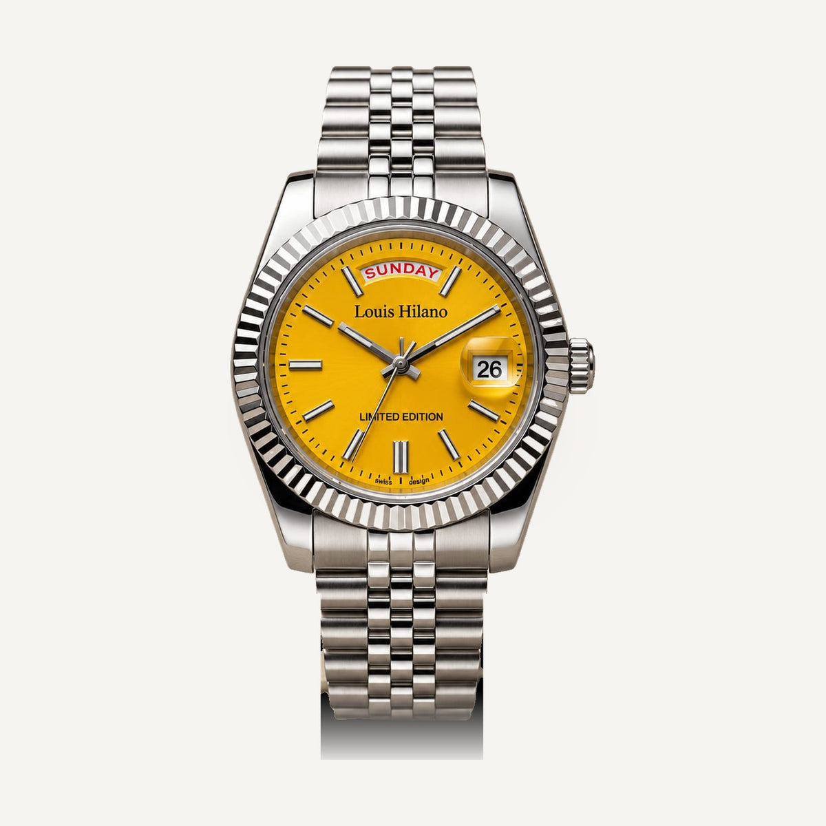 Louis Hilano Day-Date watch yellow sunburst dial, fluted bezel, jubilee bracelet