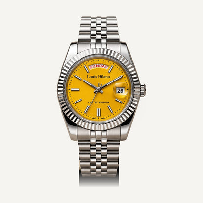 Louis Hilano Day-Date watch yellow sunburst dial, fluted bezel, jubilee bracelet